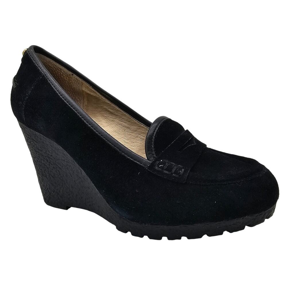 Michael Kors Black Suede Wedge Penny Loafer Platform Pumps Women's 9M